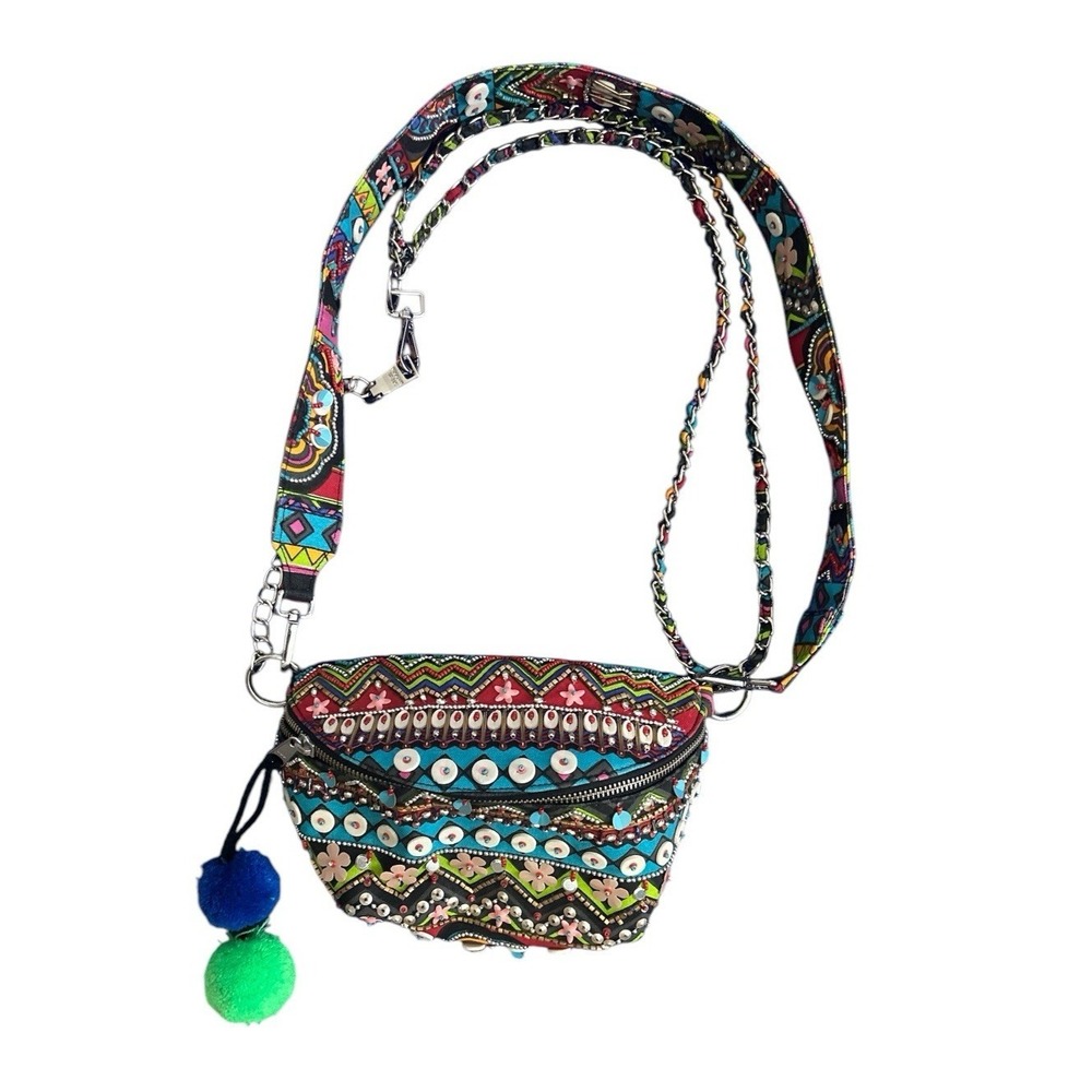 Steve Madden Cancun Belt Bag Colorful Beads Crossbody Fanny Pack Textile W/Puffs - Picture 6 of 16